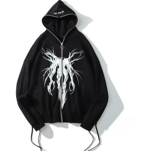 Spring Autumn Hooded Hoodie Men Punk Graphic Print Zipper Ribbon Casual Black Cool Oversize Coat Fashion Sweatshirt Streetwear