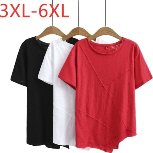 New 2021 Ladies Summer Plus Size Tops For Women Large Short Sleeve Loose Cotton Red Elastic O-neck T-shirt 3XL 4XL 5XL 6XL