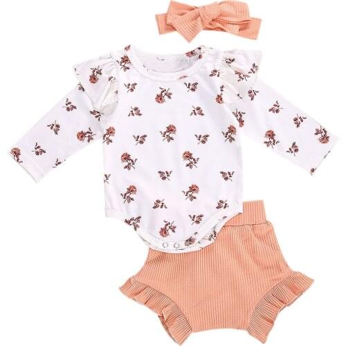 2020 Fall Newborn Baby Girls Clothing Set Long Sleeve Round Neck Floral Print Top + Solid Color Shorts + Headband 0-18M Clothes