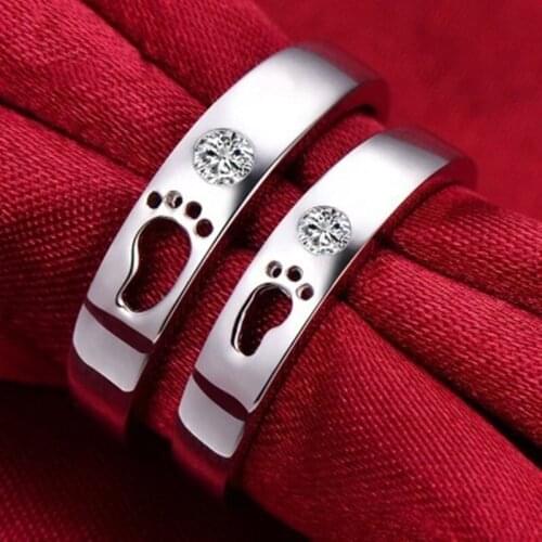 Couple Rings Hollow Footprint Rhinestone Lovers Rings 18K White Gold Rings for Couples Promise Wedding Engagement Jewelry Gift