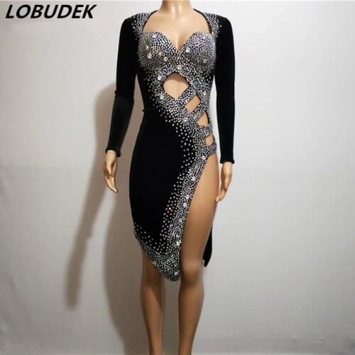 Sexy Female Latin Dance Dress Full Rhinestones Black Velvet Hollow Out Slit Dress Stage Wear Singer Dancer Performance Costume