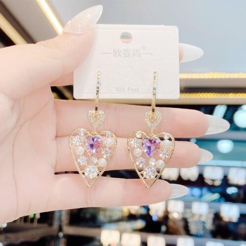 Elegant heart-shaped imitation pearl inlaid pendant earrings for ladies engagement wedding accessories fashion purple jewelry