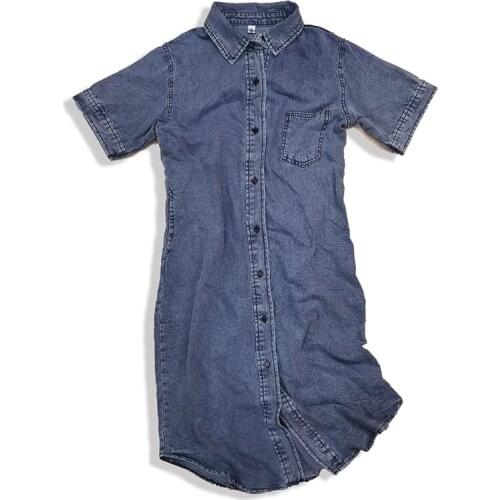 PERHAPS U High Street Causal Pure Denim Turn Down Collar Short Sleeve Single Breasted Loose Straight Mid Calf Shirt Dress D3075