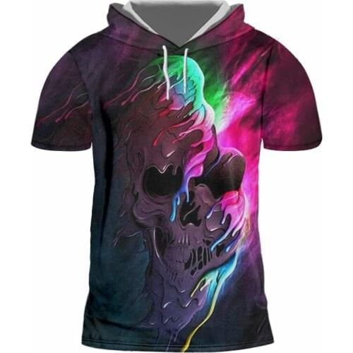 UJWI Fashion Mens Funny Print Colorful Skull 3d Hooded Tshirt Cap T-shirt Male Short Sleeve O Neck Drawstring Hoody Tracksuits