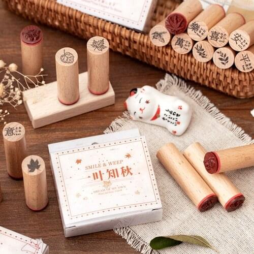 Yoofun 4 Pc/Design Plant Flowers Leaf Butterfly Words Wooden Rubber Stamps DIY Scrapbooking Journal Decoration School Supplies