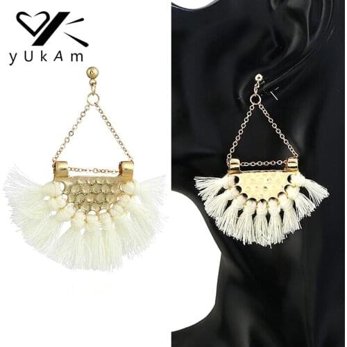 YUKAM Ethnic Bohemia Fan Earrings Top Vintage Long Tassel Fringe Earrings for Women Statement Tassle Earrings Party Jewelry Gift