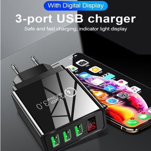 Quick Charge 3.0 3USB Digital Display Charger for IPhone Xiaomi Samsung Huawei 5V 3A Fast Charging Phone Charger