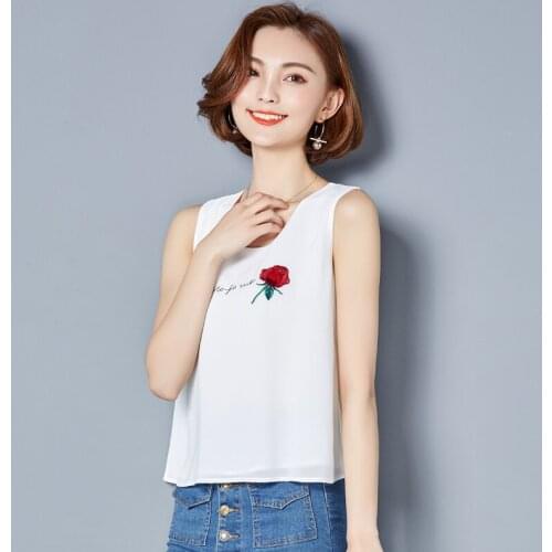 Women Sleeveless Shirts Chiffon Embroidery Floral Blouse Vest Regular Loose Shirts Female Summer Tank Vest Top Plus Size
