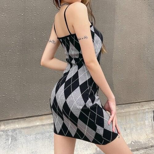 Plaid Knitted Ladies Sexy Tight-Fitting Halter Strap Dress Shoulder Strap Skinny Short Dress Women Sundress Streetwear