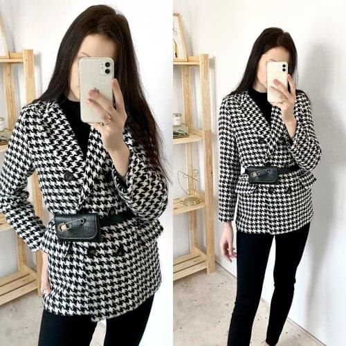 Winter jacket new Korean version with waist bag houndstooth woolen coat suit thick and loose
