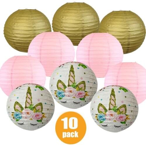 10 Pcs/set Gold Pink Unicorn Paper lantern 10"(25cm) lampion for Babyshower Birthday Party lanterne Unicorn Theme Hanging Decor