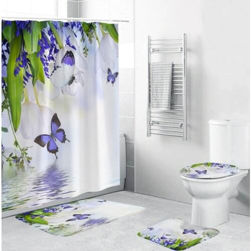 180*180cm Purple Butterfly Flowers Shower Curtain Set Polyester Fabric Bathroom Curtains Pedestal Rug Toilet Cover Bath Mat