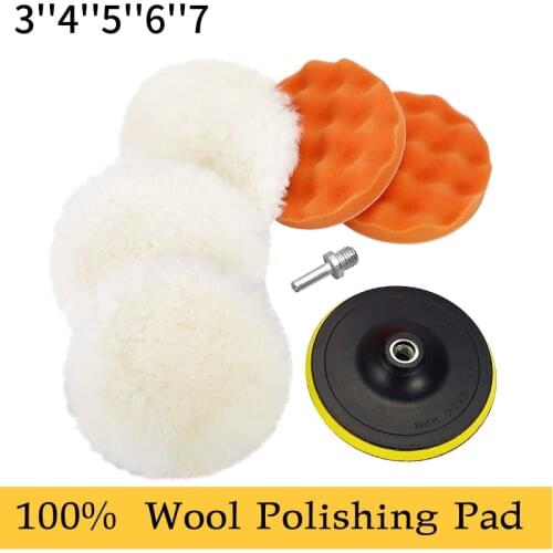 7 Pcs Set 100% Lambskin Wool Polishing Pad Sponge Waxing Buffing Pads Hook Loop 3''4''5''6''7 M10/M14 Thread For Car Polisher