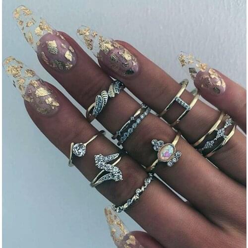 9 Pcs/set Bohemian Retro Crystal Flower Hollow Geometric Leaves Gem Gold Joint Ring Set Women Party Wedding Anniversary Gift