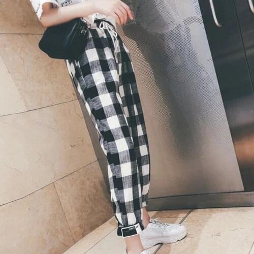 Korean Style Plaid Print Pants Women Mid Waist Straight Harem Pants Fashion Casual Ankle-Length Pants