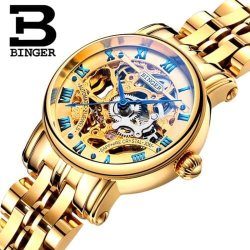 Switzerland BINGER Ladies Gold Watch Women Top Brand Luxury Gold Simple Skeleton Transparent Case Automatic Mechanical Watches