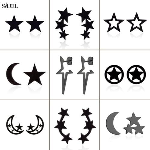Punk Black Stainless Steel Star Earrings for Women Fashion Earings Jewelry Girls Three Star Moon Stud Earrings Accessories
