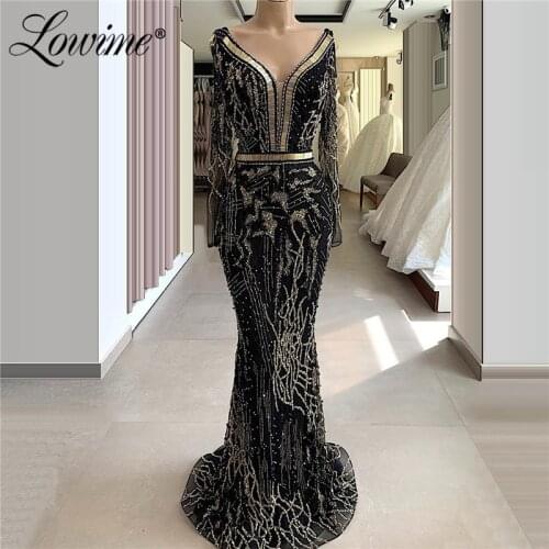 Black Middle East V Neck Long Sleeves Muslim Evening Dresses 2020 Saudi Arabia Formal Prom Dresses Red Carpet Runway Gowns Robes