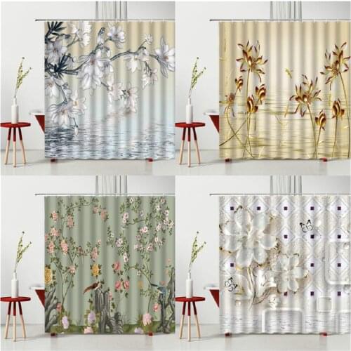 Flowers And Plants Waterproof Shower Curtain Bird Butterfly Surface Of The Water Printing Pattern Bathtub Decoration
