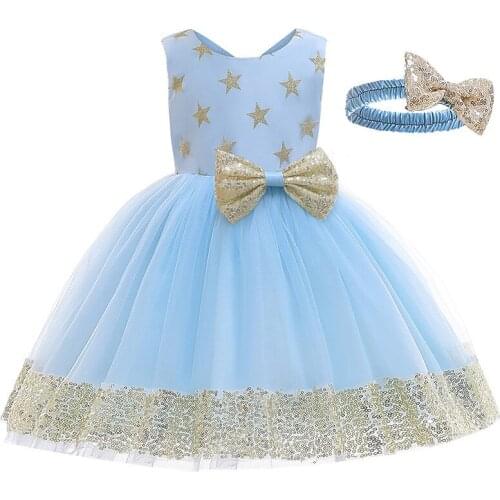 Children Sequined Bowknot Princess Dress For Girls Wedding Dress Kids Toddler Baby Girls Birthday Party Dresses 1 2 3 4 5 Year