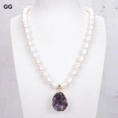 GuaiGuai Jewelry Cultured White Rice Pearl Necklace Amethyst Druzy Pendant 22"