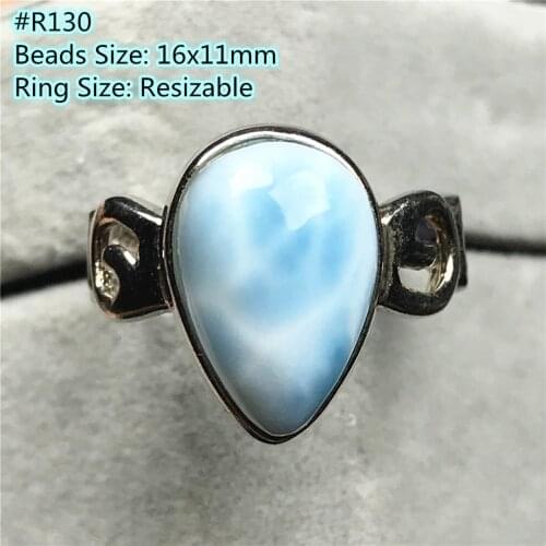 Natural Blue Larimar Ring Silver Sterling For Women Men Crystal Beads Dominica Water Pattern Stone Adjustable Ring Jewelry AAAAA
