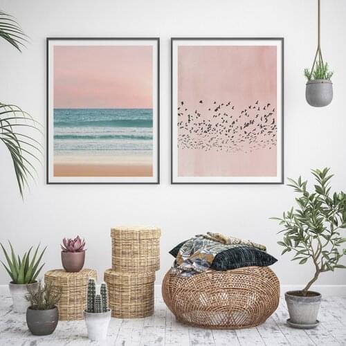 Beautiful Pink Ocean Sky Landscape Canvas Painting Wall Art Nordic Posters and Prints Wall Pictures for Living Room Decoration