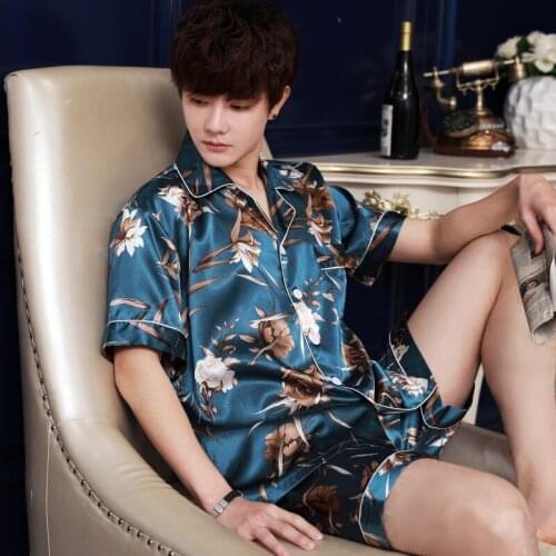 Summer Silk Mens Short Pajamas Set For Teens Burgundy Prined Sleepwear Satin Home Costumes Lounge Wear Set Red Luxury Blue Suits