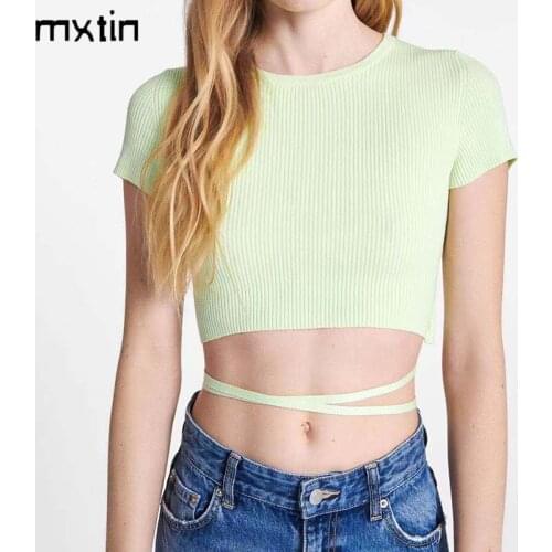 MXTIN 2021 Women Summer Fashion Solid T Shirt Vintage O-neck Short Sleeve Bow Tied Straps Female Casual Clothes Ladies T-Shirt