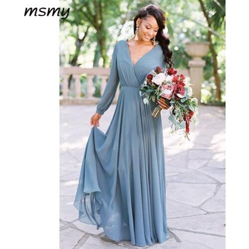 2019 New Arrival Dusty Grey Boho Bridesmaid Dresses V Neck Long Sleeves Chiffon Party Dress Cheap Wedding Guest Dresses