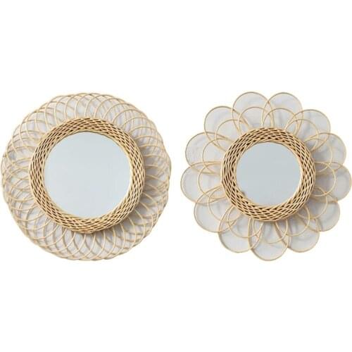 Hollow Flower Border Rattan Woven Wall Mirror Innovative Art Decoration Home Decor Mirror Sun Shape Decorative Makeup