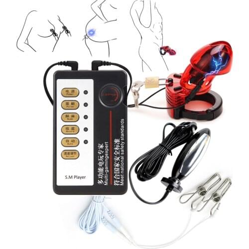 Electric Shock CB6000 Male Chastity Cock Cage Ball Stretcher Lock Electro Stimulation Penis Ring Anal Plug Nipple Clamp Sex Tool