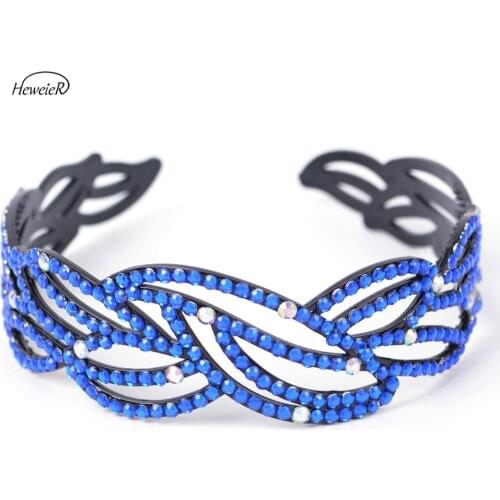 Women Plastic Hollow Headband Blue Crystal Rhinestones Hairband Ladies Hair Clips Headwear Hoop Hairpins Headdress Accessories