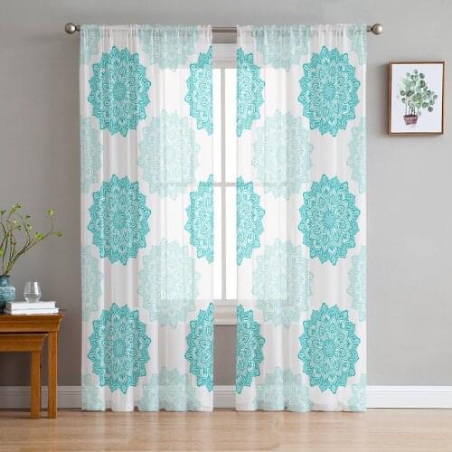 Mandala Pattern Aqua Texture Curtain For Living Room Transparent Tulle Curtains Window Sheer For The Bedroom Accessories Decor