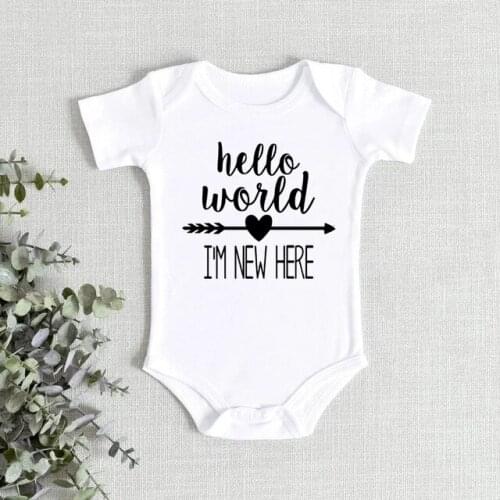 Hello World I'm New New Here Printed Newborn Baby Bodysuit Short Sleeve Pregnancy Announcement Baby Boys Girls Bodysuit Onesie