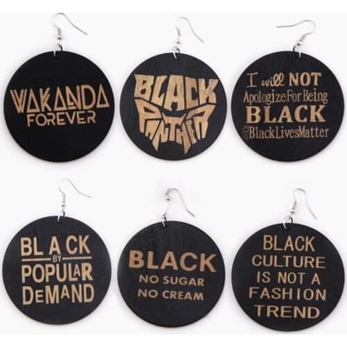 SANSHOOR Carved Black Sayings African Wood Drop Earrings For Women Afrocentric Dangle Jewelry 6 Pairs