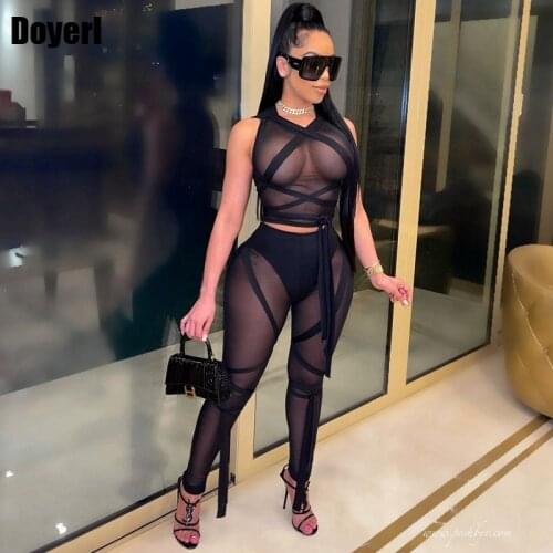 Sexy Sheer Mesh Two Piece Pants Set Summer Club Outfits for Women Party Cubwear Crop Top Bandage Leggings 2 Piece Matching Set