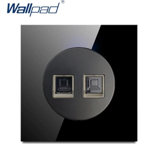 2 DATA Network Socket Ethernet RJ45 CAT6 Wallpad Luxury Tempered Crystal Glass Panel Electric Wall Power Socket Black