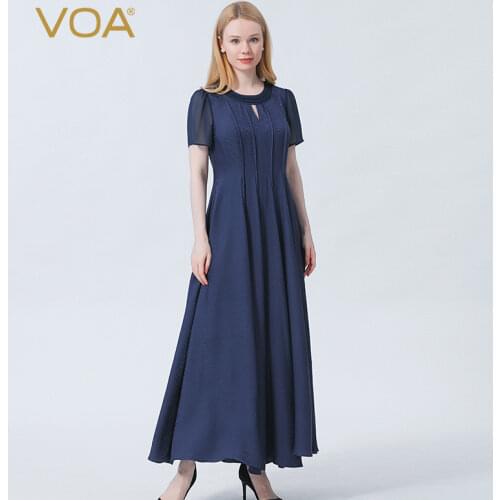 VOA Fashion Hand-woven O-Neck Silk Women Dress Georgette Short Sleeves A-LINE Office Ladies Party Dress Female Chic New AE1051