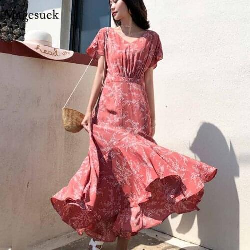 Lace-up V-neck Women Short Sleeve Floral Print Summer Chiffon Dresses Red Ruffles Party Dress Midi Long Dress Vestido 10178