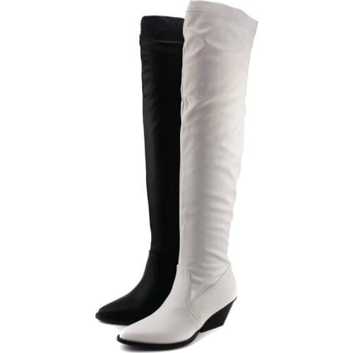 Winter PU Knight Boots Ladies New Slip On Mid-Heel Comfortable Knee High Boots Female Fashion Pointed Toe Womens Shoes