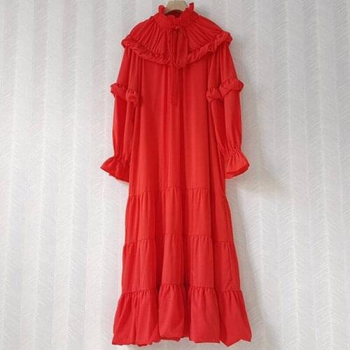 2021 Autumn New Dress Women Fashion Design Red Floral Frock Ruffles Patchwork Long Sleeve Elegant Full loose Dresses