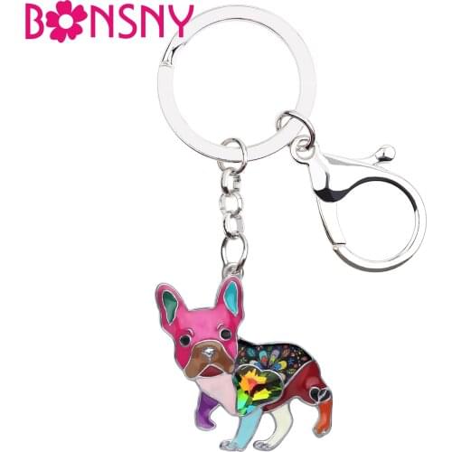 Bonsny Enamel Alloy Rhinestone French Bulldog Pug Dog Key Chains Pendant Cute Animal Jewelry For Women Girls Bag Purse Charms
