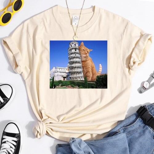 Tshirts Cat Hugging The Eiffel Tower Printing Woman T-Shirt Gothic Crewneck T Shirt For Women Kawaii Vintage Womens Clothes