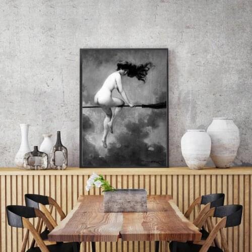 Gothic Canvas Print Witch Riding Broom Vintage Poster Wall Art Decor Painting Mysterious Halloween Decor for Living Room Murals