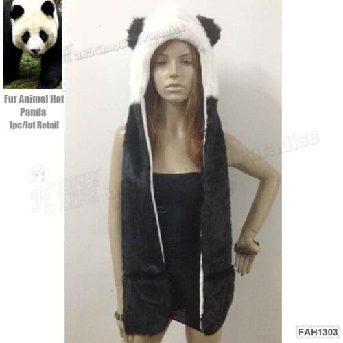 1pc/Lot Popular Crazy Panda High Quality Faux Fur Hood Animal Hat With Ear Flaps and Hand Pockets 3 in 1 Function