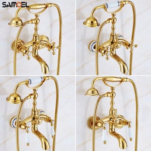 Classic European style brass gold bath tub water mixer tap wall-mounted shower set faucet with porcelain handheld shower SF1075