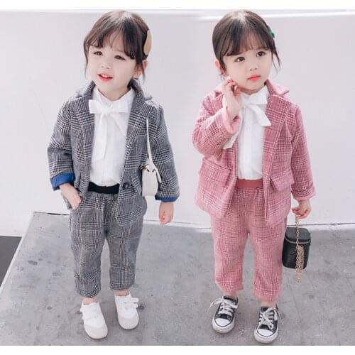 Girls Clothes Set Baby Girl Boy Suit New Plaid Pattern Clothing For Girls Outerwear + Pants Toddler Party Costumes For Children