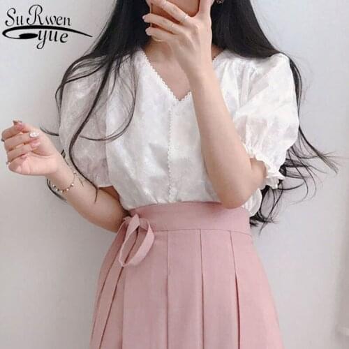 Korean Clothes Embroidery Hollow Out Top Female Cotton Short Sleeve Solid Shirt Vintage Lantern Sleeve Womans Blouses 9597