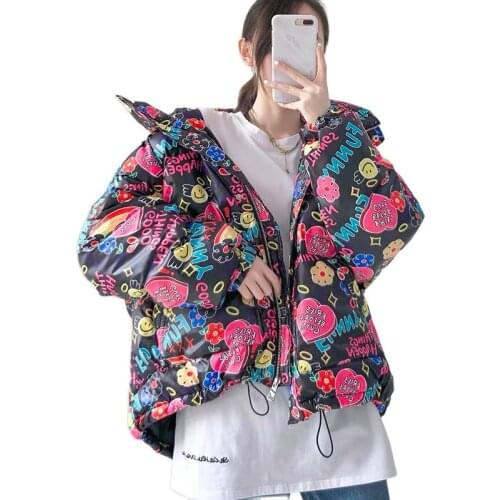 New 2021 Winter Parkers Coat Graffiti Printing Women Down cotton Jacket Loose Womens Winter student Warm Cotton Coat Outerwear